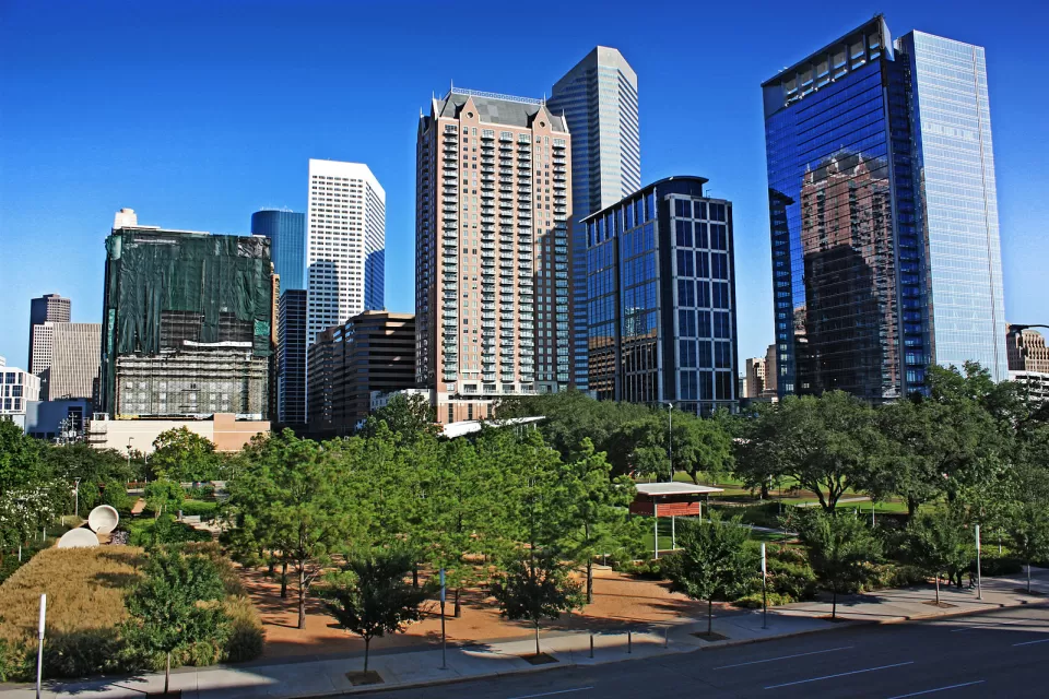 Discovery Green and Houston skyline